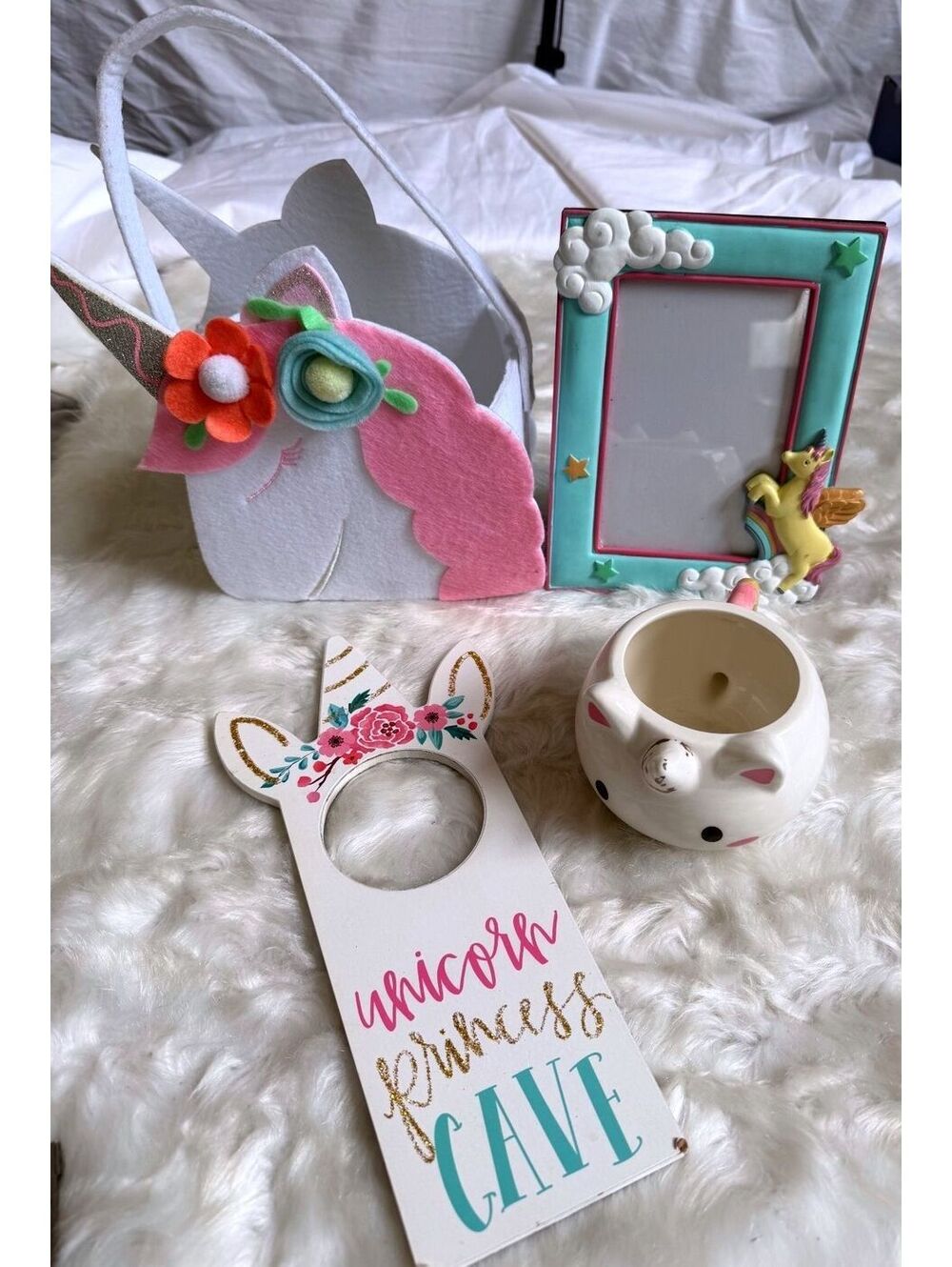 Unicorn Princess Room Decor Set Basket Frame Door Sign